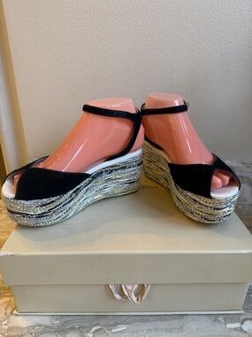 Sophia Webster Black Suede Platform Espadrille Wedges with Metallic Braided Sole